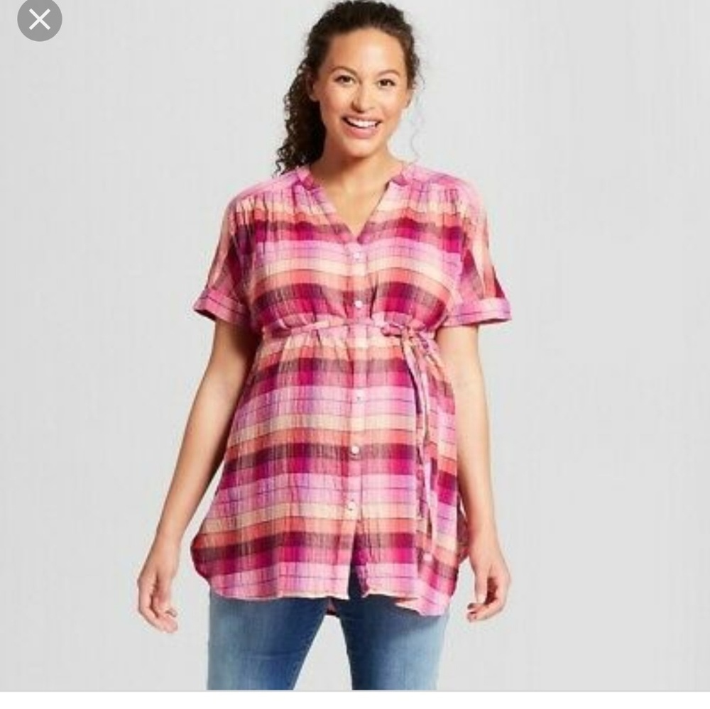Isabel Maternity by Ingrid & Isabel Pink Plaid Button-Down Maternity Top